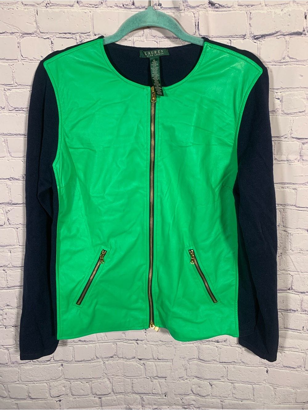 Lauren Ralph Lauren Womens Full Zip Faux Leather Top Size XL Preppy Old Money